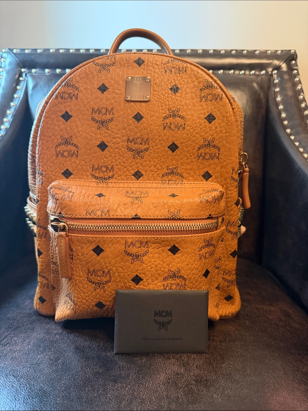 MCM Cognac Visetos Logo Backpack with Gold Accents